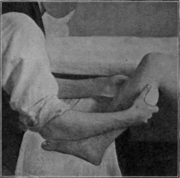 Fig. 15. Shaking the calf muscles. Note the loose grip, and that both hands can work simultaneously