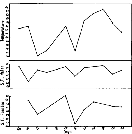 The curves of the average values of surface tension of two groups of 20 male rats each