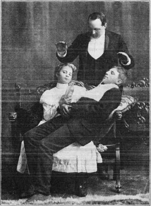 This young gentleman believes himself to be once again a nursing infant while the young lady thinks she is a nurse in a foundling asylum.