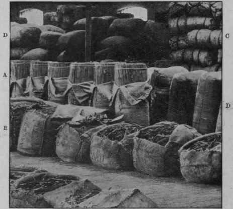Fig. 11. Show of drugs at London docks; a, cinnamon bark; b, cinchona bark; c, Zanzibar cloves; d, various bales of drugs. (Heap.)