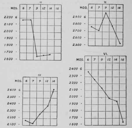 Record of weights of four fowls fed on raw meat for fourteen to sixteen months.