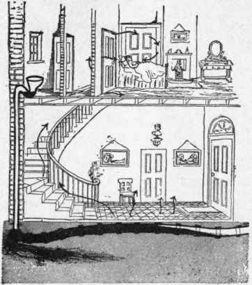 Fig. 5S9. Drain under house with fall wrong way. Broken pipe at the junction with soil pipe.