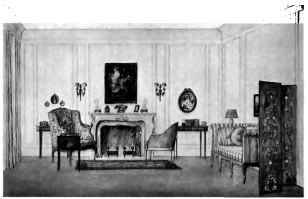 SKETCH FOR A MODERN DRAWING ROOM WHOSE BACKGROUND TREATMENT AND CAREFULLY SELECTED FUR X1KIIIXOS CREATE A CHARMING UNITY IS THE USE OF LOUIS XV AND XVI STYLES