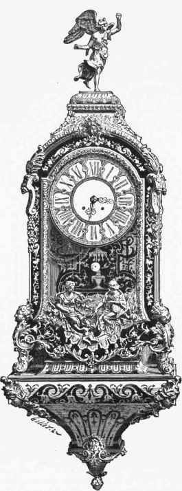 Pendule religieusc, with incrustations in boule and chased metal. End of the period of I.ouis XIV.