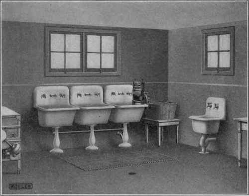 Fig. 83.   Enamel wash trays in a basement laundry.