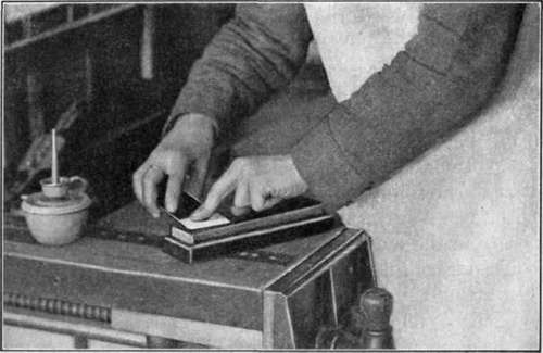 Fig. 28. Whetting, or Oilstoning, the Plain Side of the Plane Iron.