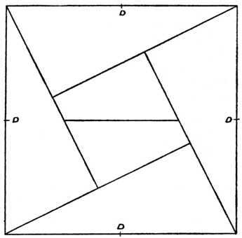 Fig. 400.   Six piece Square Puzzle.  (The Centres of the Four Outlines are lettered at D, D, D, D.)