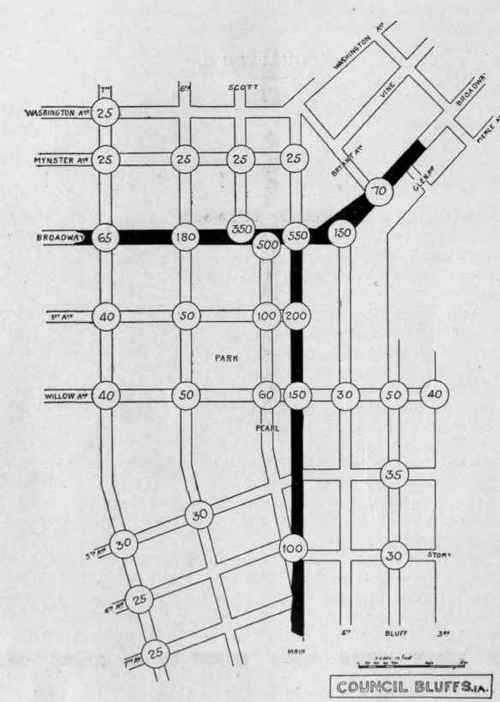 Council Bluffs. Business section. Figures represent value of corners, for lot of average width and depth, in dollars per front foot.