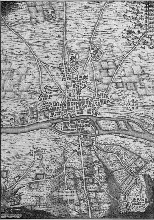 EVOLUTION OF A CITY. Paris under Louis the VII. Axial growth outside the walls has developed into centers at road intersections.