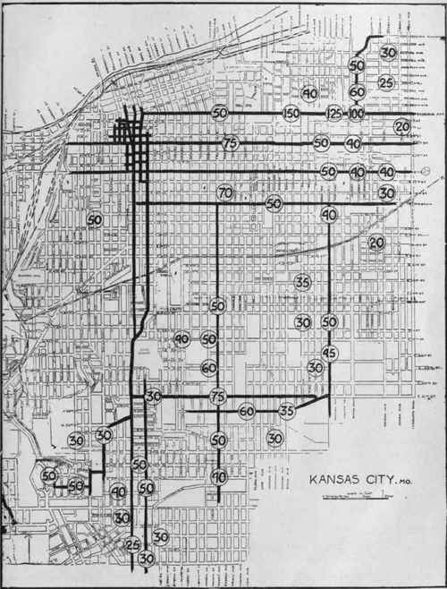 Kansas City, Mo. Residence section. Figures represent value of corners, for lot of average width and depth, in dollars per front foot.