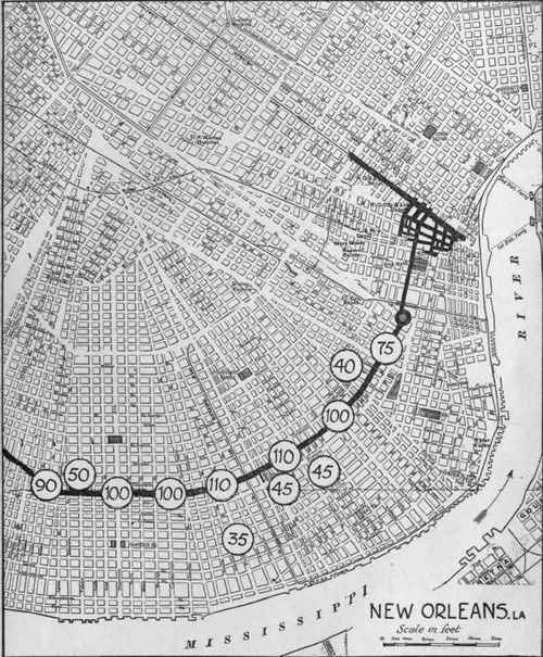 New Orleans. Residence section in American quarter. Figures represent value of corners for lot of average width and depth, in dollars per front foot.