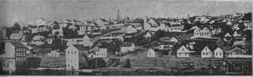Water front of Seattle, 1878. No commerce demanded docks, so water front was bulkheaded. Two new streets have since been laid out over the water, and continuous docks built.