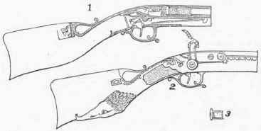 Pauly Breech loader. 1. Vertical section. 2. Elevation. 3. Cartridge.
