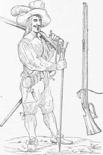 Musketeer of 16th and 17th centuries, fully equipped, showing Schweinsfeder and Musket.