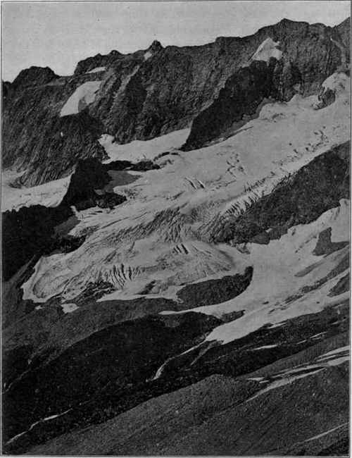 A hanging glacier, Cascade Pass, Wash. Note the terminal moraine and the crevasses.