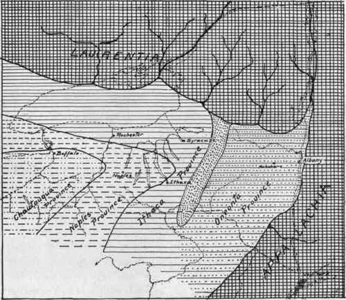 Geological map of Central New York, showing the faunal provinces of the Upper Devonian.