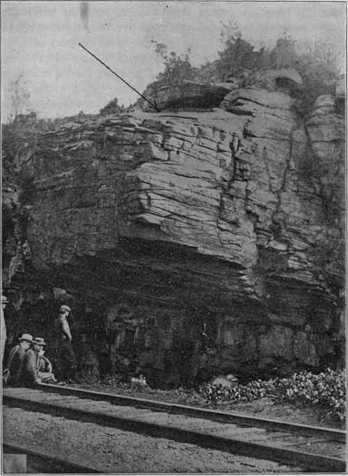 Undermined pot hole, Little Falls, N.Y. The arrow points to the upper opening.