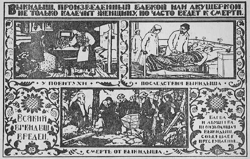 The Russian government, which for a time permitted voluntary abortion (since forbidden for humane or military reasons), put out bright colored posters warning women against its dangers.