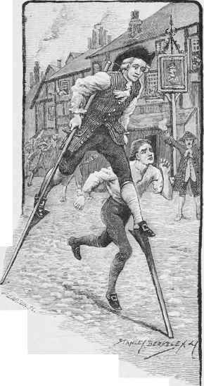 Man on stilts v. man running.
